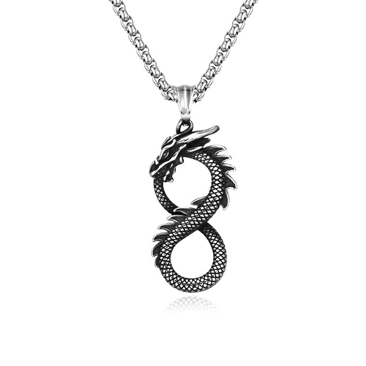 Lant unisex, pandantiv dragon, model semnul infinitului, tematica eternal dragon, argintiu, EFAYN