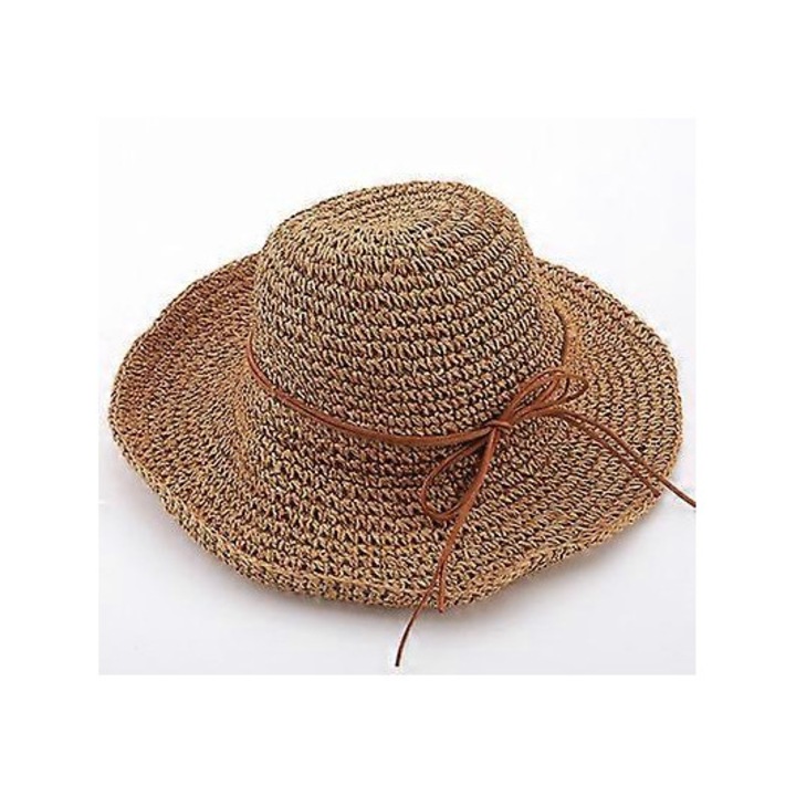 Női nyári kalap, összecsukható, széles karimájú, raffiából készült, halász stílusú (világosbarna)