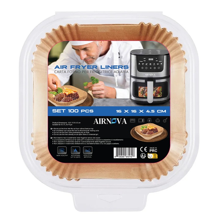 Set 100 hartii de copt pentru Air Fryer, 16 x 16 x4.5cm, Maro
