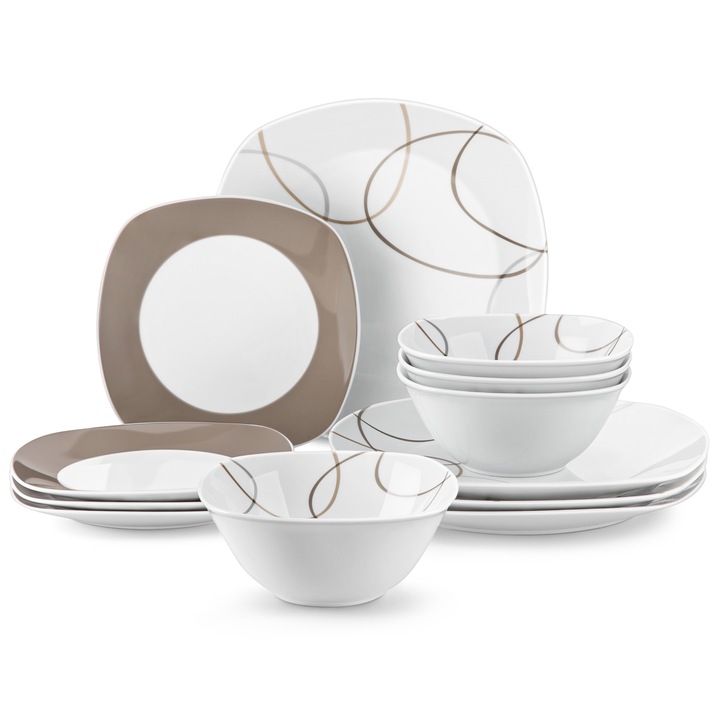Set de vesela din portelan, 12 piese, cu boluri pentru cereale, farfurii pentru desert si farfurii pentru cina, serviciu combinat pentru 4 persoane