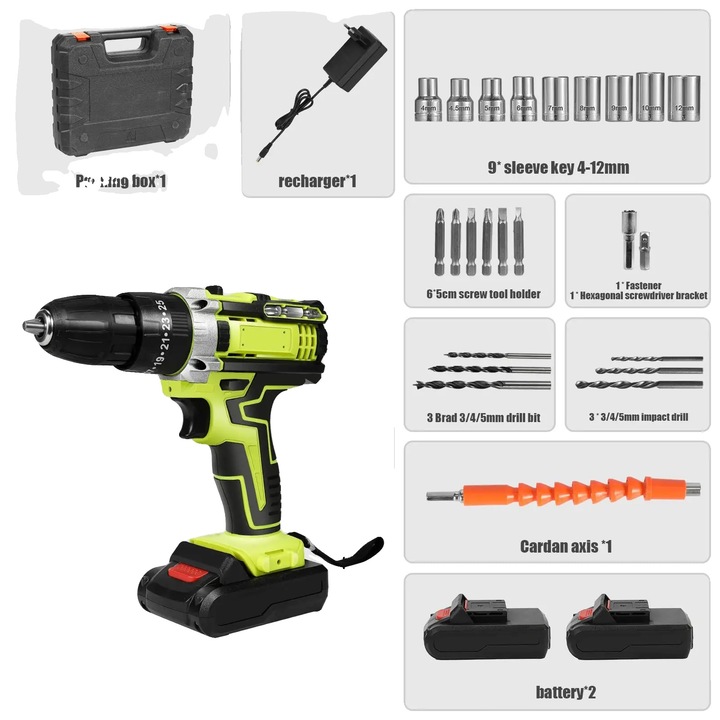 Masina de gaurit si insurubat, 1350rpm, sistem dual de baterii, 2 baterii, multicolor