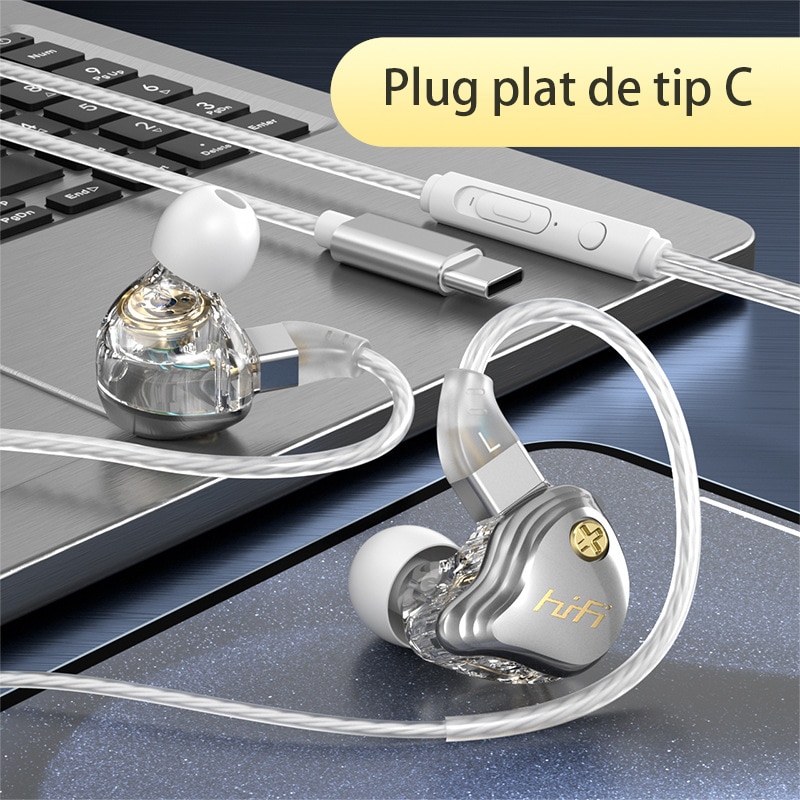 Casti cu fir, TYPE-C, stereo surround, reducere zgomot, portabile，Casti intraauriculare compatibile cu telefoanele mobile Huawei, Apple si Samsung