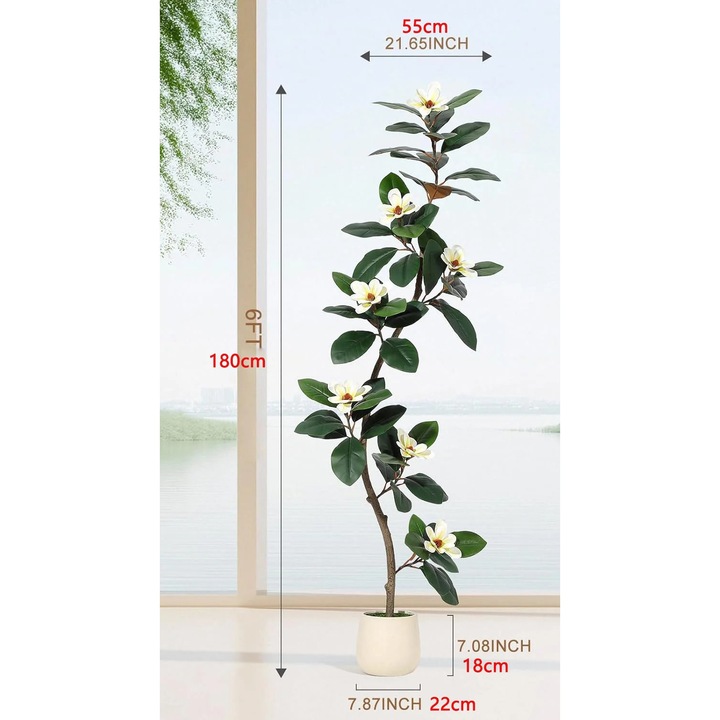 Copac artificial cu flori magnolie, 180cm, ghiveci decorativ inclus