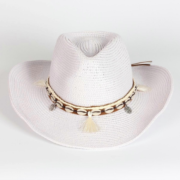 Női nyári szalmakalap, farmer, cowgirl kalap, széles karimájú, strand és tavaszi viselet, kagylópánttal (taro lila)