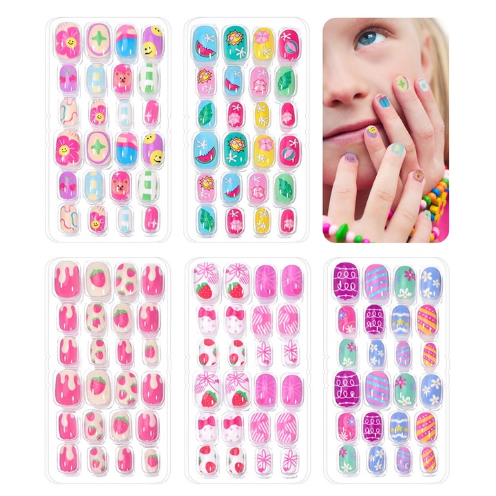 Set 5 Pachete Unghii False pentru Fete, Overtang, 120 piese, Multicolor, 8 ani+