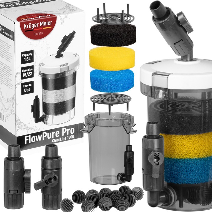 Prefiltru extern, Kruger Meier, FlowPure Pro 1600, compatibil cu furtun 16/22mm și 16/20mm, capacitate 1.6 litri, dimensiuni 15x13x30cm
