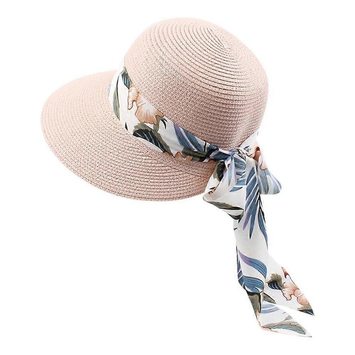 Palarie de soare din paie pentru femei, palarie de vara, pliabila, tip rulare, palarii de plaja, capace UV UPF50, roz