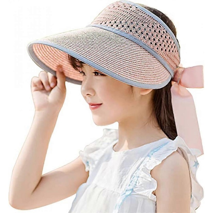 Palarie de paie pentru fetite, palarie de soare pliabila, viziera solara pentru copii, palarie de plaja (roz)