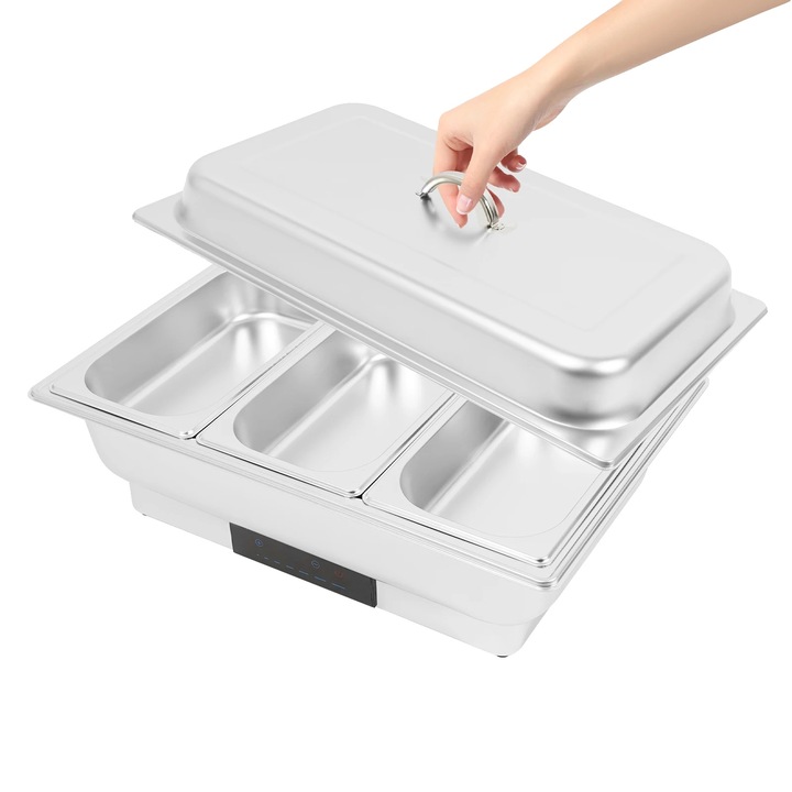 Гастронорм тава с 3 отделения, контрол на температурата, дизайн от неръждаема стомана, 56x36x26 см
