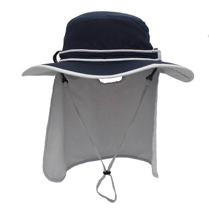 Férfi napkalap nyakvédővel, gyorsan száradó UV-szűrős sapka, horgászsapka (sötétkék sál + bézs)