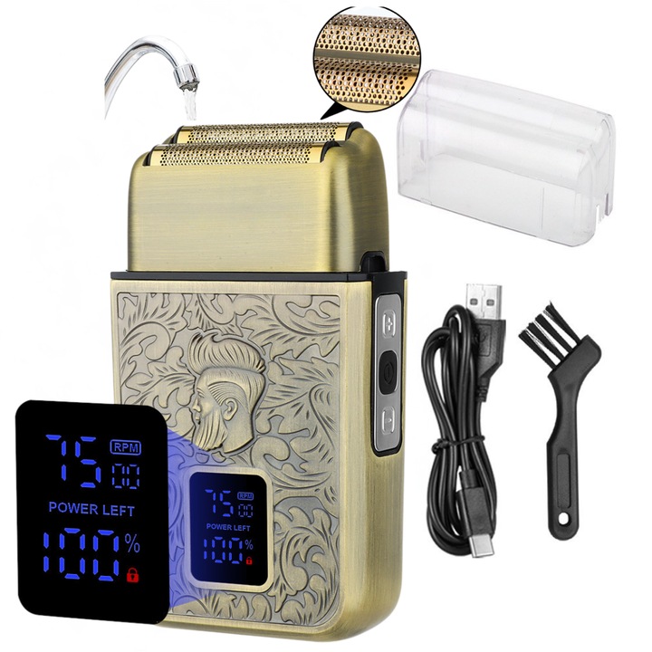 Aparat de ras electric cu dubla lama profesional Damar, Lama detasabila si lavabila, Afisaj LED, Portabil, Incarcare prin USB, Rezistent la Apa, Barbierit Umed si Uscat, Auriu