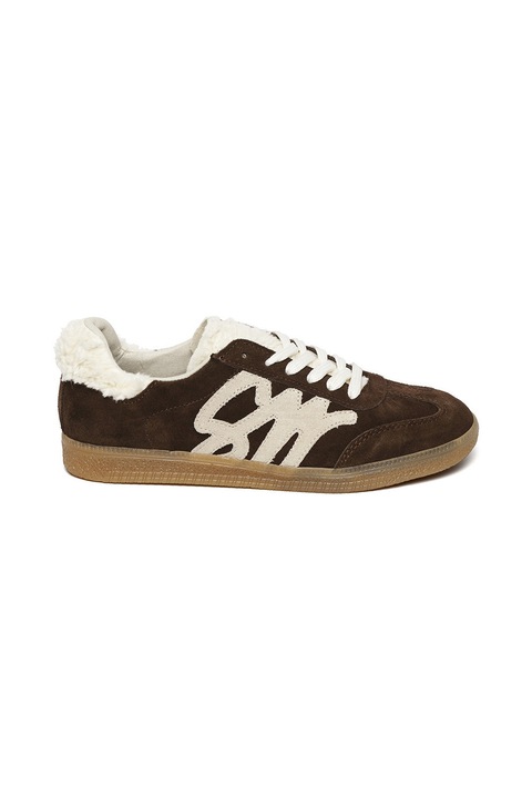 Steve Madden, Pantofi sport low-cut de piele intoarsa cu logo Jelora, Maro inchis/Alb fildes