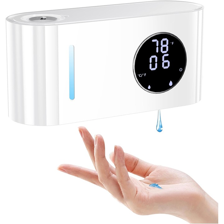 Dozator Automat Sapun Lichid cu Spuma, Rqiurpn, 5 Niveluri de Dozaj, Prindere de Perete, Senzor de Miscare, Fara Atingere, 500 ml, Afisaj Temperatura si Ora, pentru Baie, Bucatarie, IPX5, 1800mah