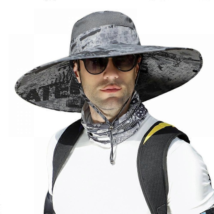 Uniszex széles karimájú napvédő kalap kültéri túrázáshoz, strandoláshoz, horgászathoz, szafarihoz, kerti munkához, kajakozáshoz, sötétszürke