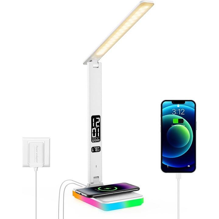 Lampa de Birou, Rqiurpn, cu LED, cu incarcator wireless, incarcare wireless pentru IOS si Android telefon, 5 nivele de luminozitate, Control tactil, Potrivita si pentru Noptiera in Dormitor