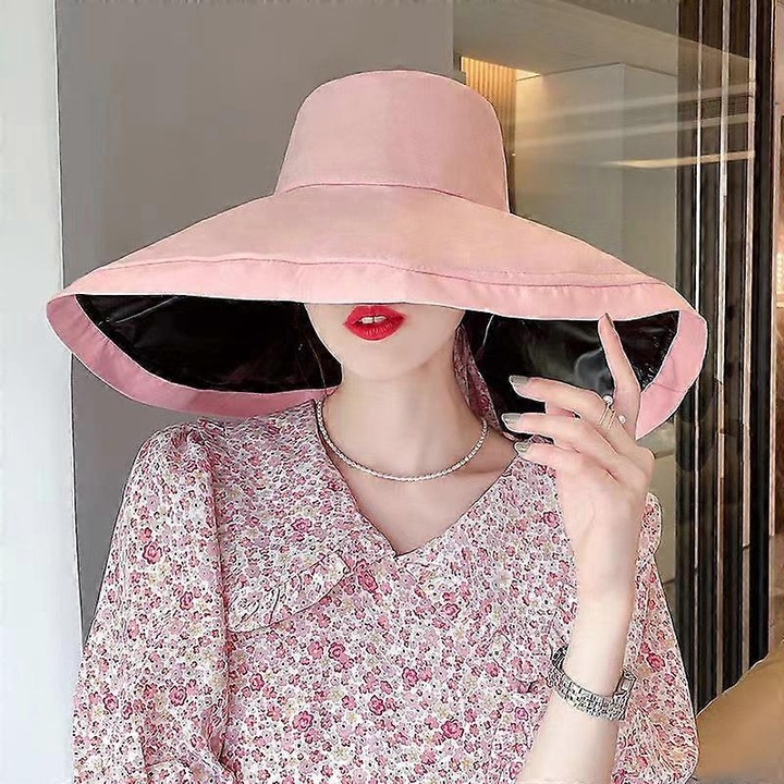 Palarie de pescar cu bor mare, cu protectie UV pentru femei, palarie de soare pliabila, palarie de plaja si calatorie, roz