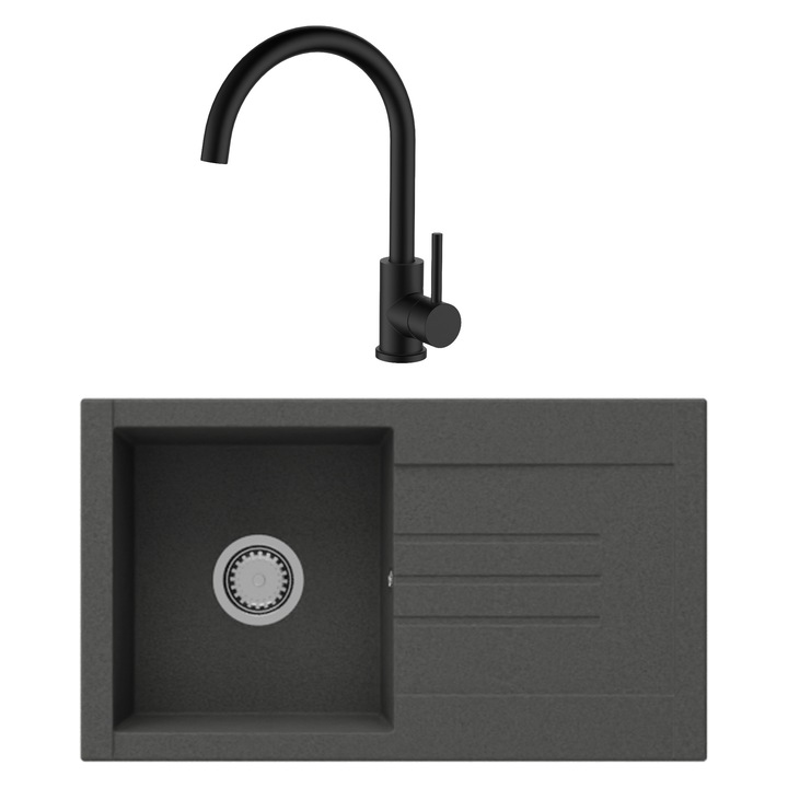 Chiuveta de bucatarie din granit compozit cu scurgator, reversibila, SanDonna Arona negru + Baterie Sandonna Waltz Alfa negru pivotanta