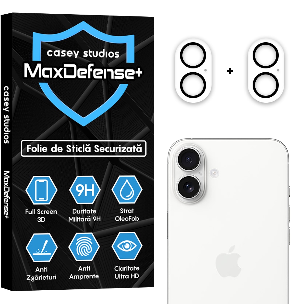 Set 2x Folie Sticla Camera compatibil cu iPhone 16 Plus / 16, CASEY STUDIOS™ MaxDefense+, Protectie Securizata, Duritate 9H, Full Cover, Anti Zgarieturi, Ultra HD, Protectie Profesionala Camere 3D, Anti Zgarieturi, Anti Socuri