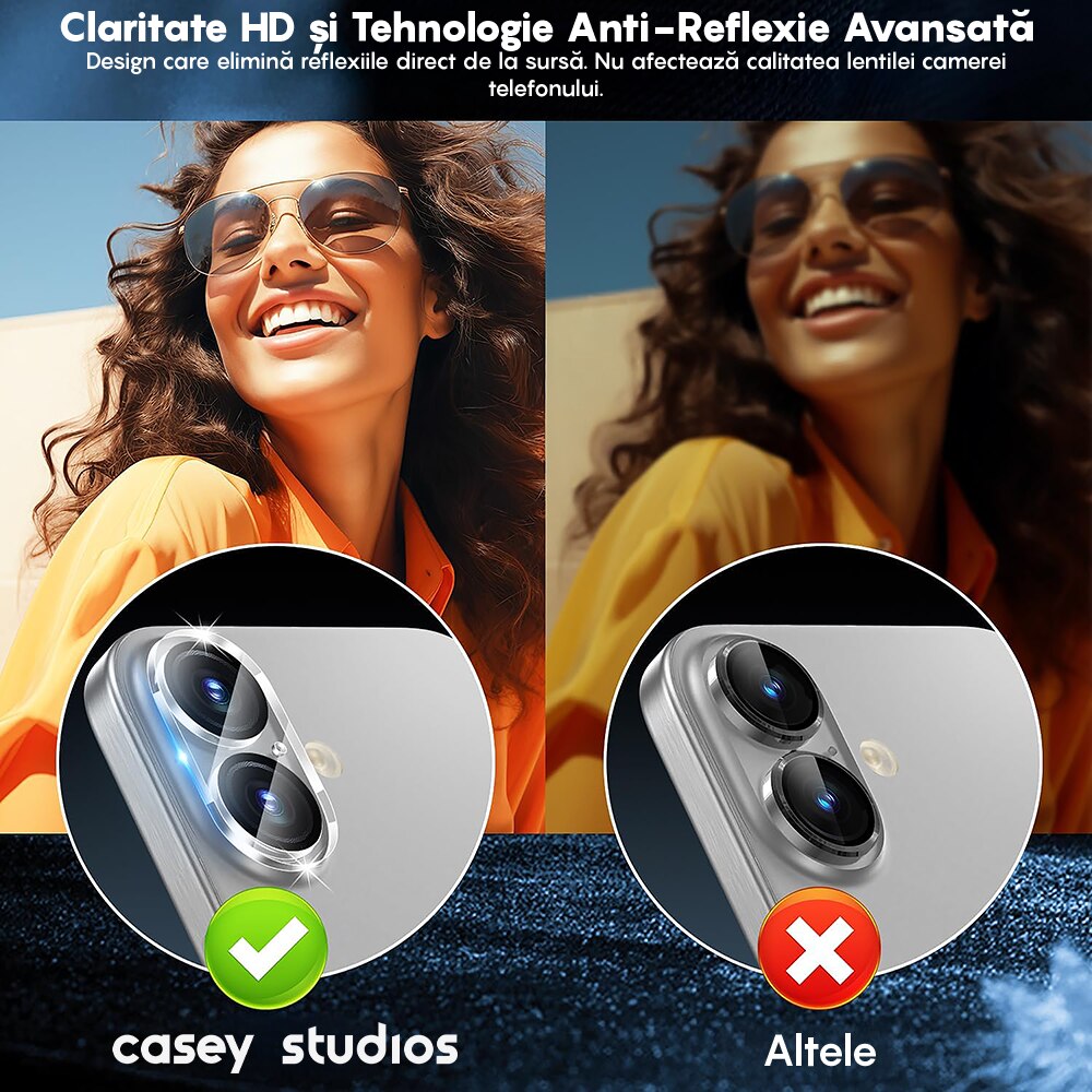 Set 2x Folie Sticla Camera compatibil cu iPhone 16 Plus / 16, CASEY STUDIOS™ MaxDefense+, Protectie Securizata, Duritate 9H, Full Cover, Anti Zgarieturi, Ultra HD, Protectie Profesionala Camere 3D, Anti Zgarieturi, Anti Socuri
