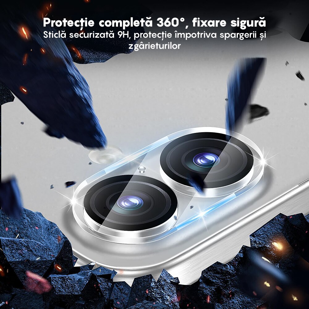 Set 2x Folie Sticla Camera compatibil cu iPhone 16 Plus / 16, CASEY STUDIOS™ MaxDefense+, Protectie Securizata, Duritate 9H, Full Cover, Anti Zgarieturi, Ultra HD, Protectie Profesionala Camere 3D, Anti Zgarieturi, Anti Socuri