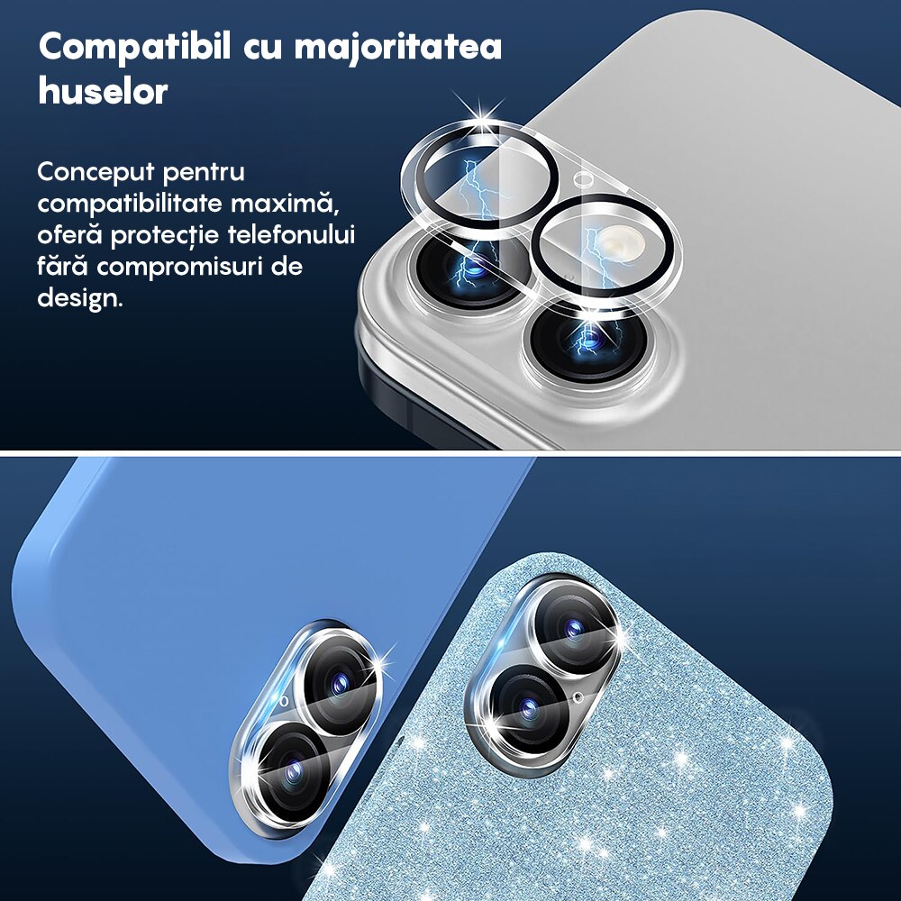 Set 2x Folie Sticla Camera compatibil cu iPhone 16 Plus / 16, CASEY STUDIOS™ MaxDefense+, Protectie Securizata, Duritate 9H, Full Cover, Anti Zgarieturi, Ultra HD, Protectie Profesionala Camere 3D, Anti Zgarieturi, Anti Socuri