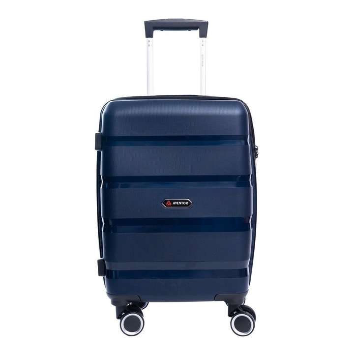 Куфар Aventor AV102, за ръчен багаж, 53x33x22 см, полипропилен, TSA комбинация, 4 двойни колела на 360°, Тъмносин