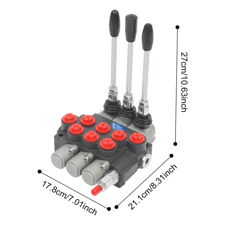 Hidraulikus irányító szelep, 3 orsós, maximális áramlás 40 L/perc, maximális nyomás 31.5 MPa, 21.1x17.8x27cm