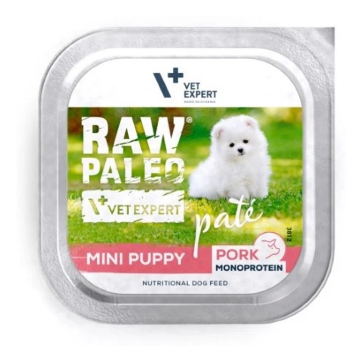 Hrana pentru caini, VetExpert, Raw Paleo Mini Puppy Pork, 150g, fara cereale, monoproteina