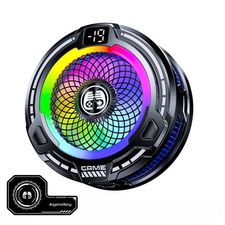 Cooler telefon cu tehnologie Peltier, iluminare RGB, afisaj temperatura si backplate suprafata marita, clip magnetic 2-in-1, racire termoelectrica iPhone/Android