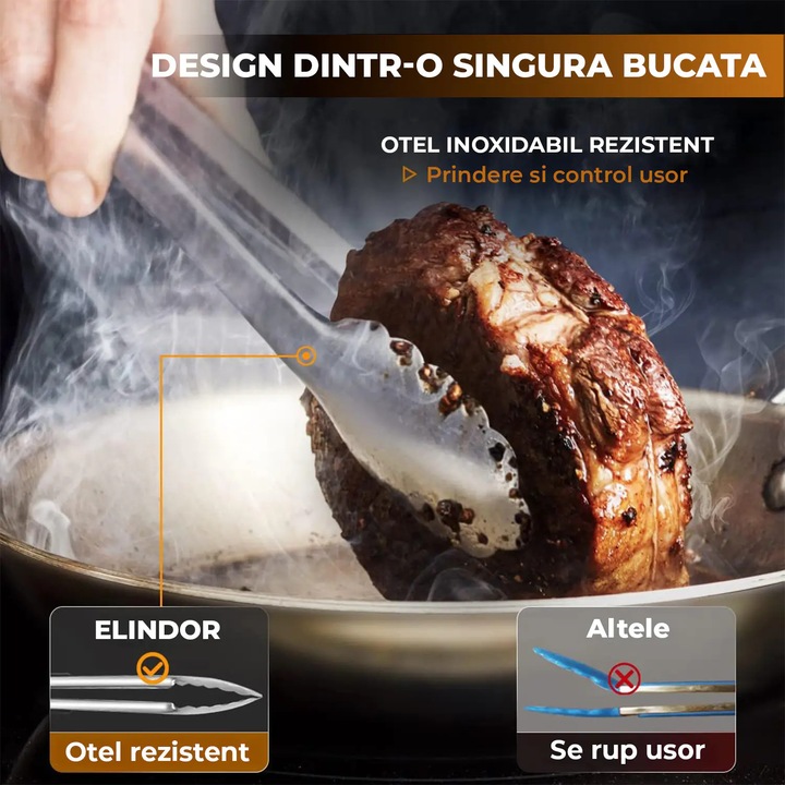 Set 3 Clesti Bucatarie Elindor®, Maner Silicon Ergonomic Anti‑derapant, Blocare cu Inel, Rezistenta Termica, Ideale Gratar/Servire/Salata, Inox Alimentar 1 mm, 18/23/30 cm
