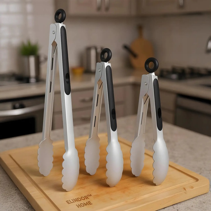 Set 3 Clesti Bucatarie Elindor®, Maner Silicon Ergonomic Anti‑derapant, Blocare cu Inel, Rezistenta Termica, Ideale Gratar/Servire/Salata, Inox Alimentar 1 mm, 18/23/30 cm