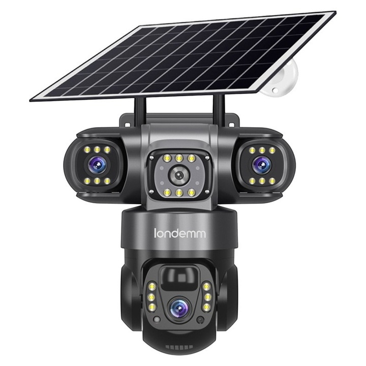 Camera De Supraveghere Video Tripla Cu Panou Solar Si Cartela SIM 4G LONDEMM, 6MP Full HD, Panou Solar Si Acumulatori Inclusi 8000mah, Rotire 350°, Alarma Miscare, Urmarire Inteligenta, Comunicare Bidirectionala, Night Vision, PTZ, DVR, Negru