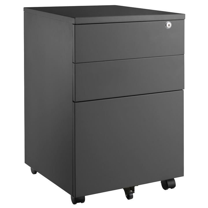 Casetiera metalica mobila StableCabinet, 3 Sertare, Rollbox de Birou pe Role, Dulap Organizator pentru Documente si Accesorii, Compacta, Otel, 39x60x50cm - Negru mat