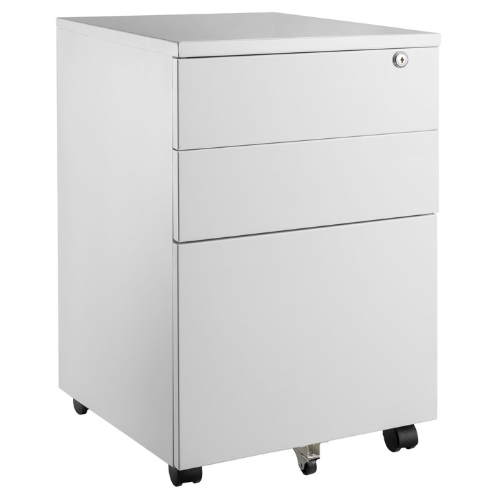 Casetiera metalica mobila StableCabinet, 3 Sertare, Rollbox de Birou pe Role, Dulap Organizator pentru Documente si Accesorii, Compacta, Otel, 39x60x50cm - Alb mat
