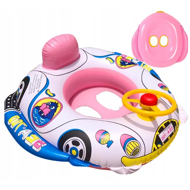 Barca gonflabila, Minge, cu volan, 66 cm, roz, cu colac de inot, setul include: barca, colac de inot, material: PVC, caracteristici: gonflabila, culoare: roz