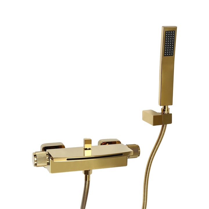 Baterie sanitara pentru cada, montare pe perete, dus manual, aurie, 27.1x5x11.3cm