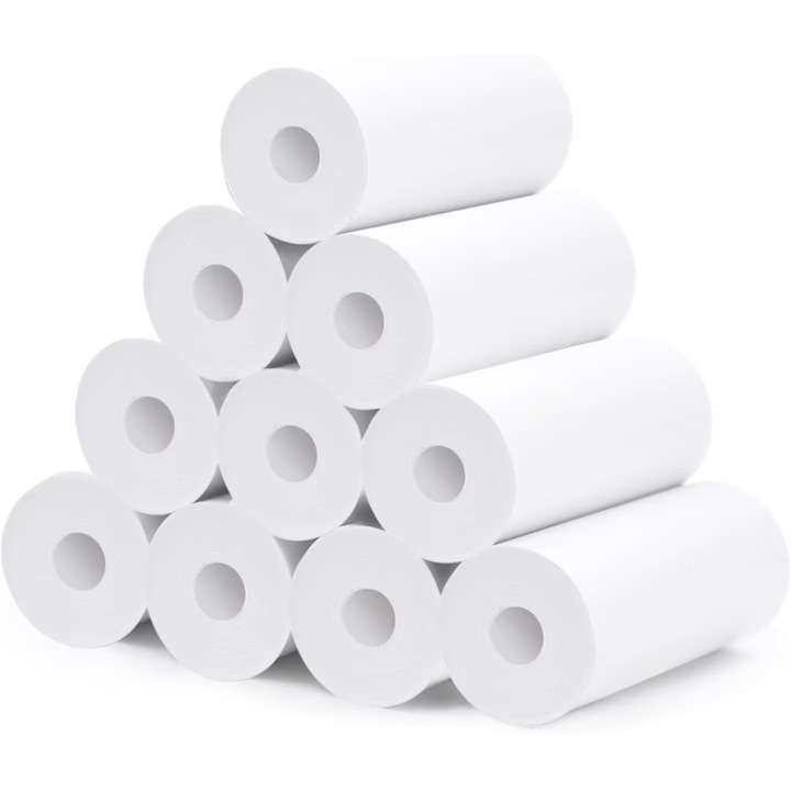 Set 10 role hartie termica alba VarioShop, pentru mini imprimanta portabila, compatibile cu imprimante fara cerneala, 4.5 metri/rola, latime 57 mm