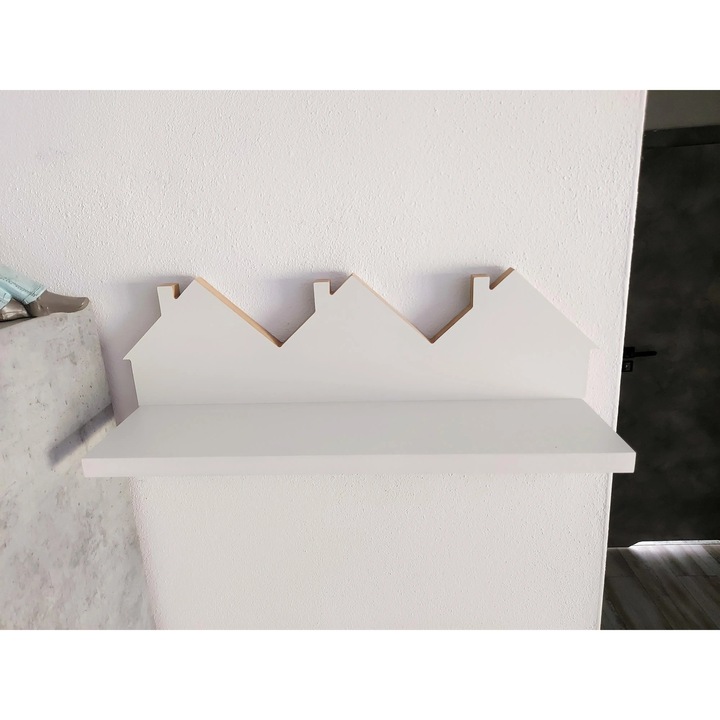 Raft cu suport pentru haine Moliland, design casa, 4 carlige, MDF natural, 47x12cm