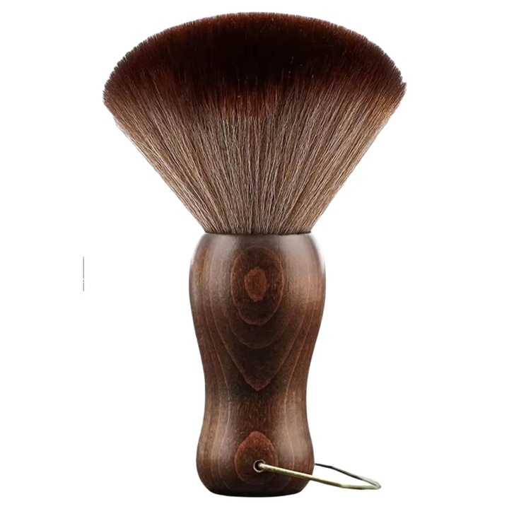 Perie frizerie pentru gat cu maner din lemn culoare mahon peri naturali pentru curatarea parului dupa tuns