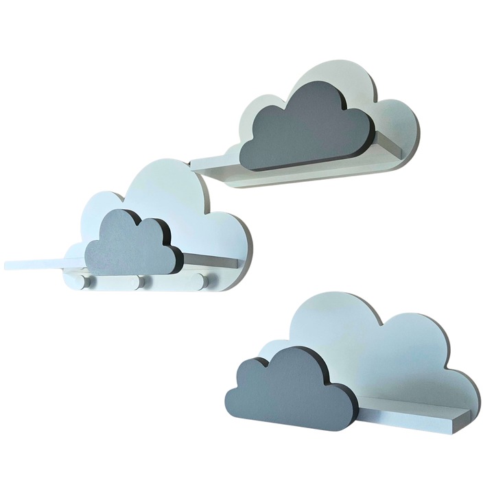 Комплект от 3 рафта облачета за детска стая MOLI с закачалки, бели рафтове със сиви чела - Премиум