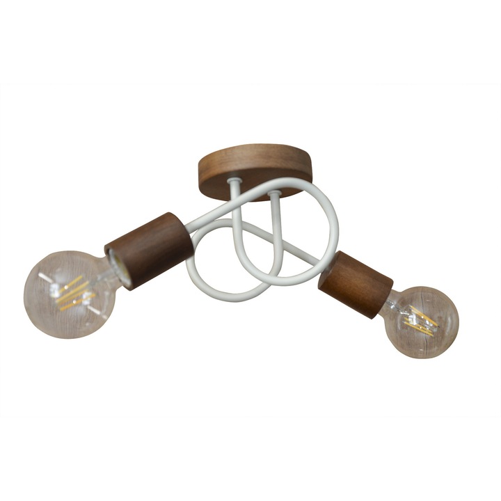 Lustra lemn-metal 2x60W stil loft stil scandinav, lemn inchis metal alb