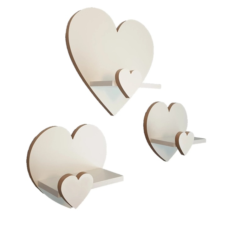 Set 3 rafturi, Moliland, forma inima, alb, MDF 18mm