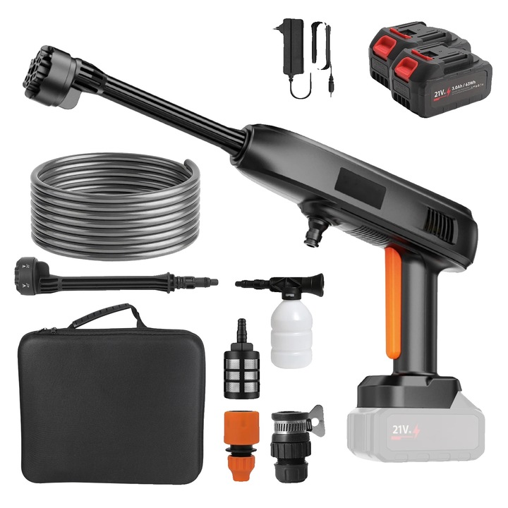Magasnyomású mosó, hordozható kialakítás, nagy hatékonyság, 2*akkumulátor, 300W, 5L/perc, 5m