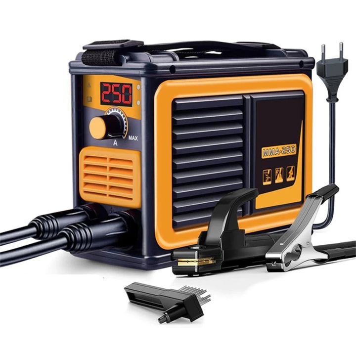 MMA-250, Inverteres MMA hegesztőgép elektródás/ívhegesztéshez, 3000 W, 20–250 A állítható áramerősség, hordozható mini, EU csatlakozó
