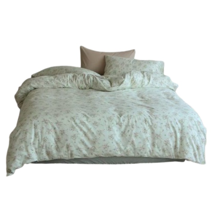 Lenjerie Pat Dublu, Bumbac 100%, Imprimeu Floricele, 4 Piese, 2 Persoane, 245x250cm, Multicolor