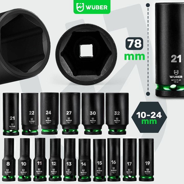 Set chei tubulare impact 1/2" Wuber, 16 piese, otel crom-vanadiu, lungime 78mm