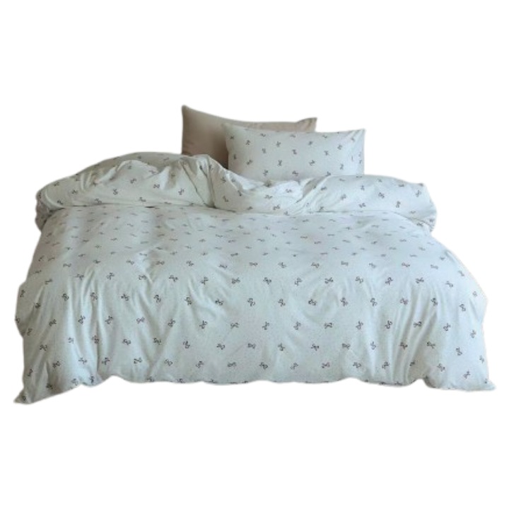 Lenjerie Pat Dublu, Bumbac 100%, Imprimeu Fundite, 4 Piese, 2 Persoane, 245x250cm, Alb-Negru