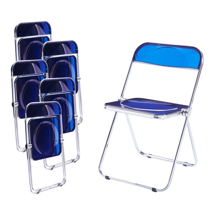 Set 6 scaune, en.casa, Pornainen, 74 x 46 x 47 cm, otel, plastic, 120 kg, albastru inchis, pliabile