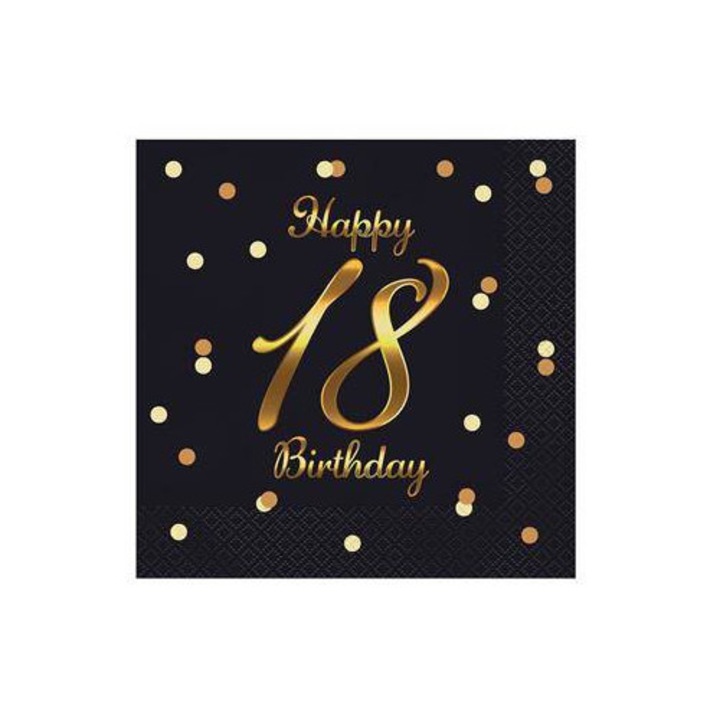 Комплект от 20 салфетки за парти „Честит 18-ти рожден ден“, Годан, 33x33см, черни