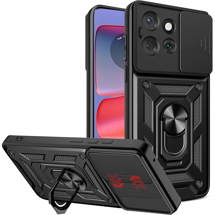 Husa pentru Motorola Moto G86 Ring Armor Kickstand Tough Rugged Cover cu protectie camera Negru